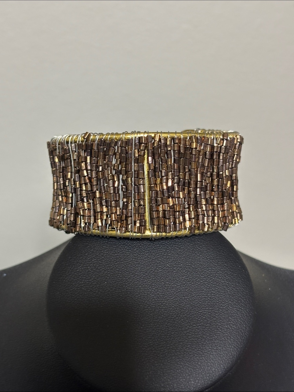 Beaded Glass Brown Gold-Tone Cuff Bracelet Adjustable Statement